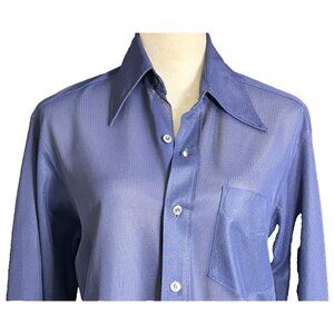 Vintage Mod Polyester Shirt Dagger Collar Men’s Button Up Navy Semi Sheer M